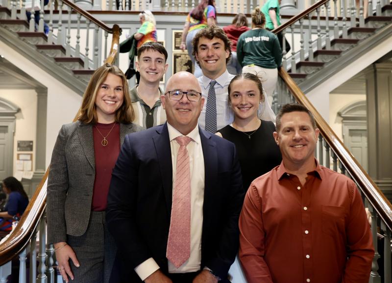 Sussex County Lifesaving Association representatives gathered in the Delaware Senate are in back (l-r) lifeguards Konner Knarr and Quinn Macauley, SCLA treasurer. In the middle are lifeguards Nicole Gibson and Logan Rhode. In front are Sen. Russ Huxtable, D-Lewes, and Matt Farlow, SCLA president. SUBMITTED PHOTO
